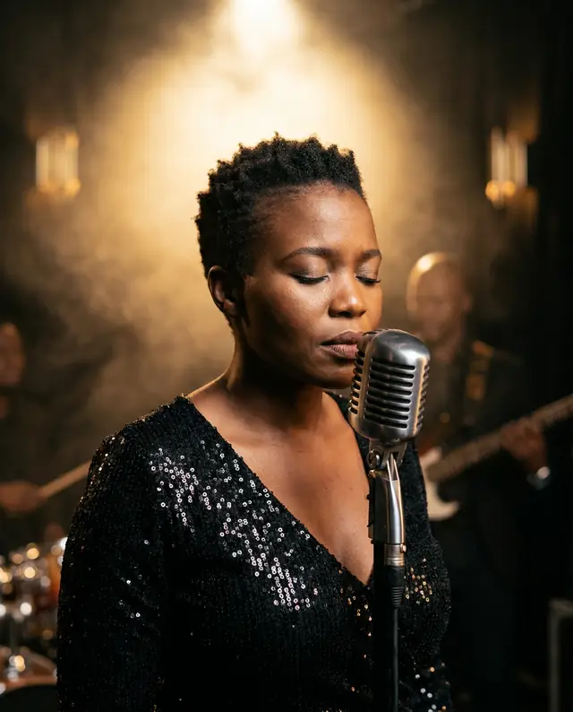 A jazz singer on stage (illustrative image, fictional artist)