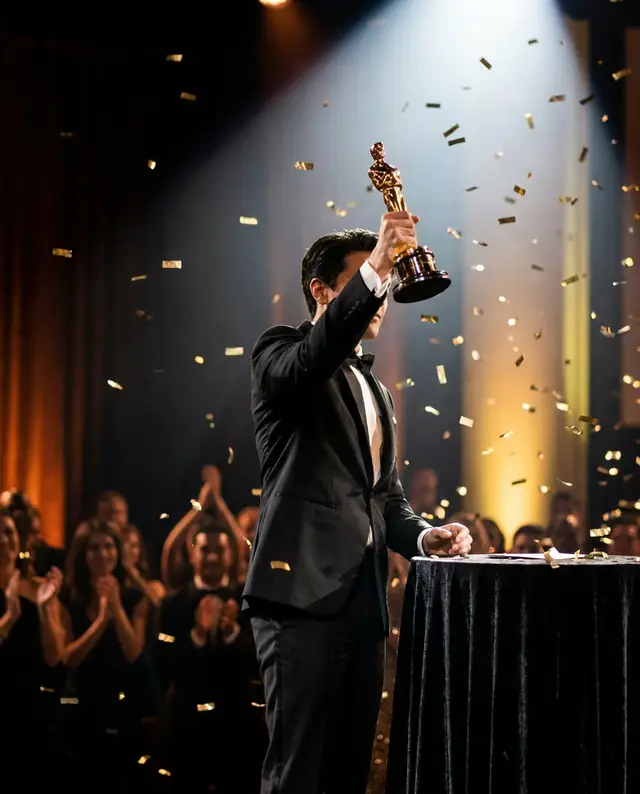 A trophy raised on stage with falling confetti (illustrative image)