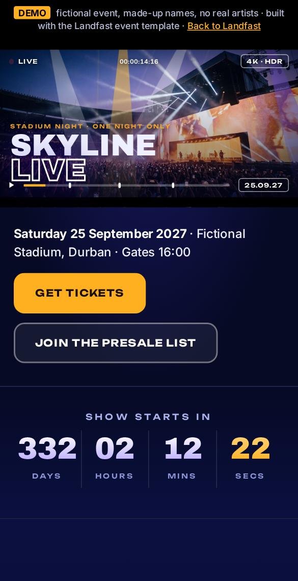 Skyline Live stadium concert example: navy, violet and amber design