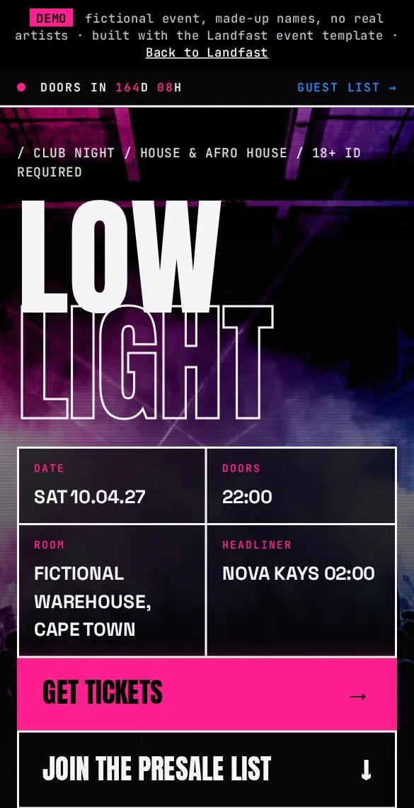 Low Light club night: a demo template page, fictional event