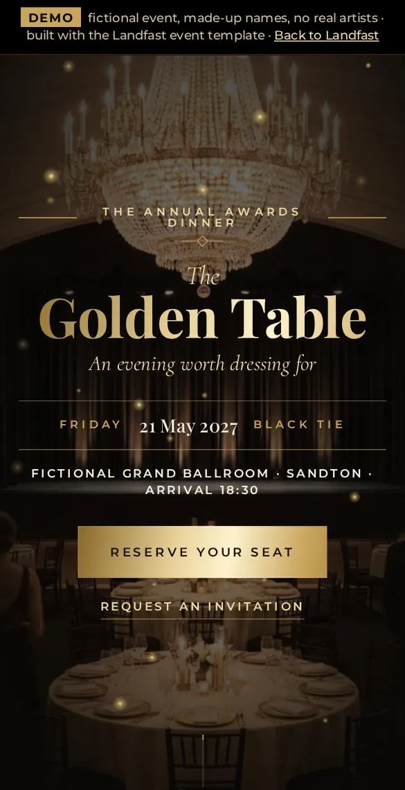 The Golden Table gala dinner: a demo template page, fictional event